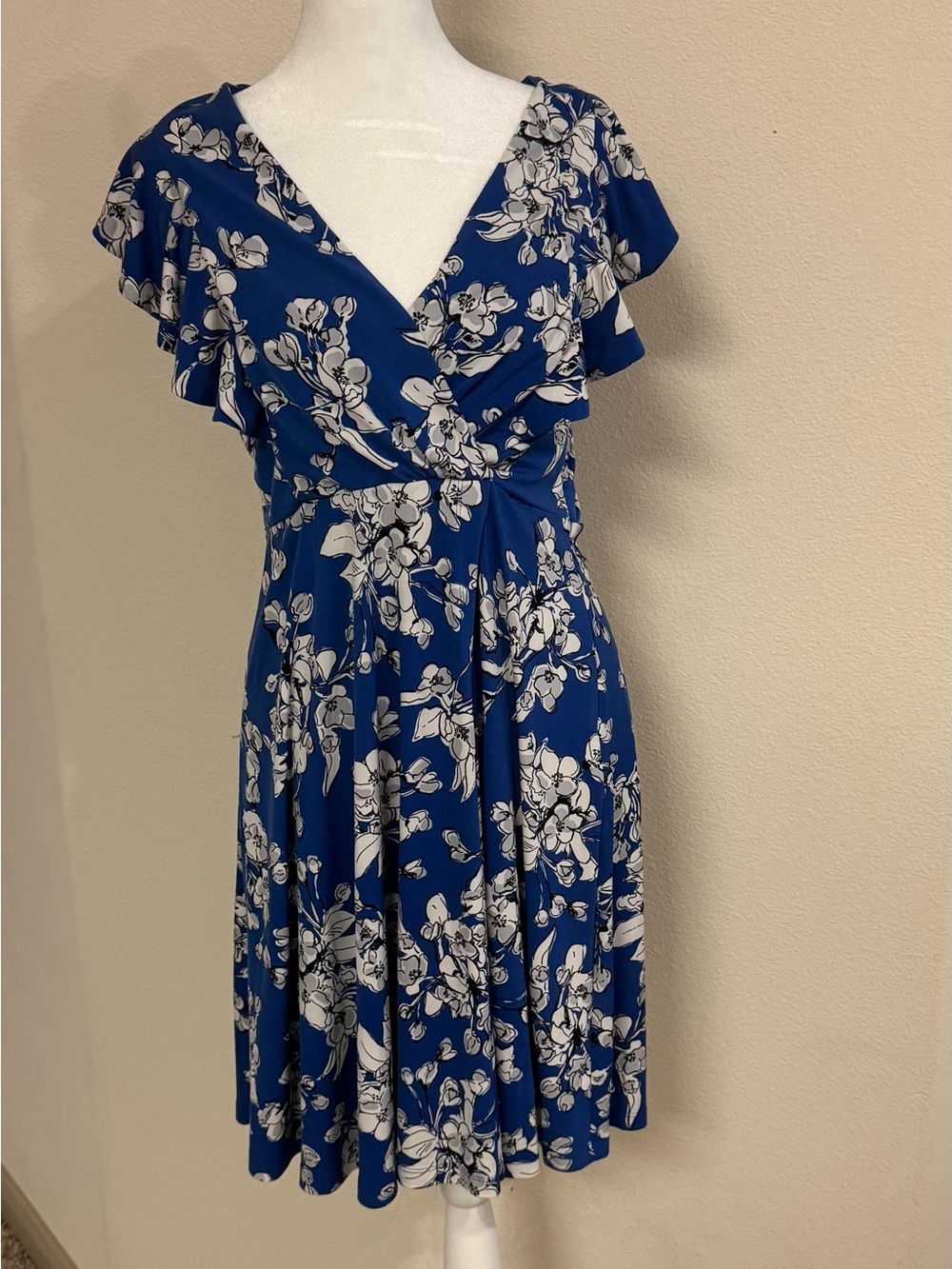 Ivanka Trump Royal Blue Floral Wrap Midi Dress